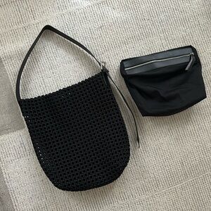 Black nylon woven tote bag